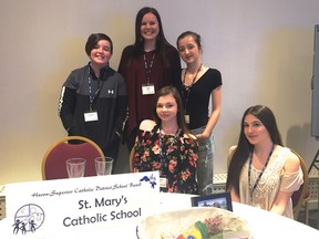 Photo supplied 
Blind River St. Mary’s School students (standing) Christiano Bouillon, Nadia Zanatta teacher, Cadence Taylor, and (seated) Madyson Wilson and Carmela Witty were part of the school’s Students As Researchers team.