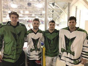 Sherwood Park Archers players Lane Hartwell, Cole Sonstelie, Tanner Dunkle and Ewen MacPherson show off the jerseys for the new local inline team. Photo Supplied