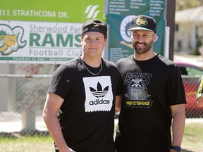 Edmonton Eskimos quarterback and CFL Most Outstanding Player Mike Reilly was on hand to give out the provincial championship rings to the Sherwood Park Bantam Rams football team last Saturday. Shane Jones/News Staff