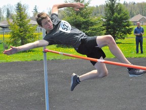 Shawn Knelsen of Valley Heights takes part in the midget boys high jump event at the NSSAA Track and Field Championships at Holy Trinity Catholic High School on Wednesday. The top finishers from each event will move on to the CWOSSA meet next week in Cambridge. JACOB ROBINSON/Simcoe Reformer