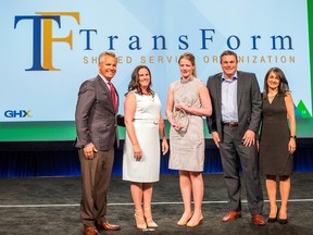 TransForm Shared Service Organization, based in Chatham, Ont., was named the Canadian Healthcare Provider of the Year, for the third consecutive year, during the 2018 GHX Healthcare Supply Chain Summit awards event held recently. Pictured from left are: Bruce Johnson, CEO, GHX, Renee McIntyre, director, supply chain, TransForm, Katelyn Dryden, manager, supply chain operations, TransForm, Derek Robertson, chief business development and supply chain officer, Transform, and Tina Murphy, CRO, GHX. (Handout)
