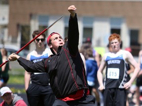 Jeremy Elliott capped off a successful day by finishing first in the junior boys javelin toss. He also finished first in the shot put and discus throw during the 2018 Bluewater Athletic Association's track and field championship at the Davidson Centre in Kincardine. Greg Cowan/The Sun Times