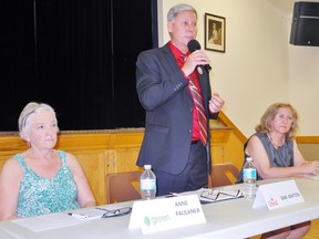 Haldimand-Norfolk Liberal candidate Dan Matten addresses the crowd during an all-candidates meeting in Jarvis Wednesday. At left is Green Party candidate Anne Faulkner while at right is Freedom Party of Ontario candidate Thecla Ross. Voters in Ontario elect a new provincial government June 7. MONTE SONNENBERG / SIMCOE REFORMER