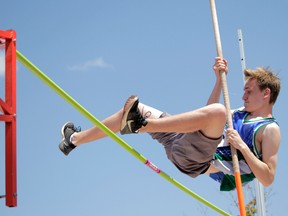 Wyatt Brooks/For The Whig-Standard
Braydan Dunham of the Granite Ridge Gryphons set a new record in the midget boys pole vault at the Kingston Area Secondary Schools Athletic Association track and field championships at the CaraCo Home Field complex on Thursday, clearing the bar on his third attempt at 2.60 metres.