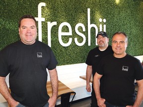 Freshii franchise partners Steve Beaudry, left, Tom Laronde and John Shelegey held their grand opening in Val Caron, Ont. on Thursday May 17, 2018. John Lappa/Sudbury Star/Postmedia Network