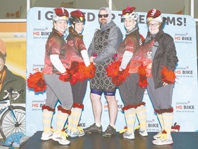 Sisters Sheila Wilson (far left) and Sacha Knorr (second from left) with their Team Flahr's with Flair in last year's MS Bike Leduc to Camrose. Five out of six of their paternal aunts have been diagnosed with MS. (Submitted)