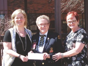 Pictured are (l. to r.) Gail Roddick, Noreen Farren and Colleen Sekura with a cheque from the Ladies Auxiliary that will go toward purchase of a new Rock 'N Roll wheelchair for patients.