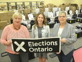 The Bruce-Grey-Owen Sound returning office at Heritage Place Mall is full of electronic poll books, vote tabulators and paper supplies to be sent out to the polls for the June 7 election. From left to right are returning officer Linda van Aalst, returning office review assistant Andrea Neilson and election clerk Marion Koepke on Friday, May 18, 2018 in Owen Sound, Ont. Rob Gowan/The Owen Sound Sun Times/Postmedia Network