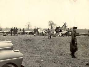 The wreckage of American Airlines DC-3, which crashed Oct. 30, 1941 in a field east of Lawrence Station and killed all 20 people aboard. Southwold council gave its support behind installing a plaque on Third Line more than 75 years after the disaster. (Courtesy of Elgin County Archives)