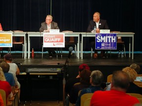 LUKE HENDRY/The Intelligencer
Canddidates (from left) Joanne Belanger, Robert Quaiff and Todd Smith at Thursday night's debate in Quinte West.