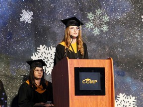 Valedictorian Arianna Zylstra delivers her speech during the 2018 Grande Prairie Composite High School graduation ceremony at Revolution Place on Friday May 18, 2018 in Grande Prairie, Alta. Kevin Hampson/Grande Prairie Daily Herald-Tribune/Postmedia Network