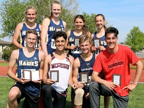 The overall division winners at the 2018 LKSSAA track and field championship are, front row, left: Tye Douma of Chatham-Kent, senior boys; Jaden Wilson of McGregor and Jeff Carey of Ursuline, midget boys; and Carter Barron of Northern, junior boys. Back row: Payton Sabourin of Chatham-Kent, senior girls; Camille Blain and Anna Trinca of Chatham-Kent, junior girls; and Emma Pegg of Chatham-Kent, midget girls. (MARK MALONE/Chatham Daily News/Postmedia Network)