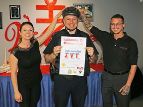 Keeping a lid on things is the best way to be when bicycling in Timmins this summer according to Timmins Police Constable Rick Lemieux who is once again encouraging cyclists to wear a helmet when they’re riding. Lemieux kicked off the annual Helmets On campaign Friday with the help of Amanda Audette, left, of James Used Auto Sales in Timmins and Mason Charbonneau of Science Timmins. Both organizations are sponsoring prizes this year for cyclists who wear helmets.