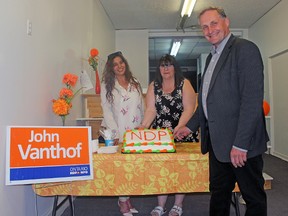 Timiskaming-Cochrane NDP candidate and incumbent John Vanthof along with Officer Manager Natalie Roy and Campaign Manager Lise Beaulne opened up Vanthof's campaign headquarters Thursday in Kirkland Lake.