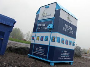 The recycle bin used by the city for its textile diversion program. Given the early success of the initiative, the city is planning to install a second bin at the local landfill. JONATHAN JUHA/THE BEACON HERALD/POSTMEDIA NETWORK