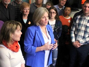 Ontario NDP leader Andrea Horwath makes a long-term care announcement at Gore Street Cafe on Saturday.