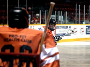 Quinton Maddock stares down Six Nations goaltender Daniel Hill and winds up a shot in the first period of the Rebels 20-6 win over the Owen Sound NorthStars at the Harry Lumley Bayshore Community Centre on Saturday afternoon. Greg Cowan/The Sun Times.