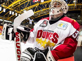 Wellington Dukes netminder Jonah Capriotti was outstanding in a 50-save performance in a Saturday semi-final at the 2018 RBC Cup national Jr. A hockey championship in Chilliwack, BC. Dukes play for gold tonight. (Hockey Canada Images)