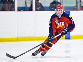 Bryce Yetman of the Wellington Dukes plays against the Georgetown Raiders in Game 5 of the Ontario Junior Hockey League's Buckland Cup championship series in Georgetown, Ont., on Saturday, April 21, 2018. (RYAN MCCULLOUGH/OJHL Images)