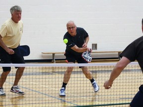 North Bay's Rheal Boulanger, left, and Brian Batchelor took silver in their men's doubles division at the first Pickleball Canada-sanctioned tournament in Northern Ontario, which was held at Nipissing University on the weekend. Dave Dale / The Nugget