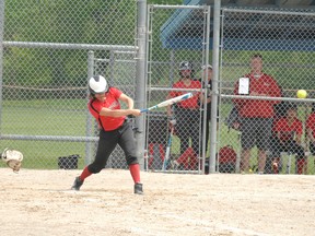 Brantford Bobcats bantam under-16 player Kaitlyn Bomberry takes a swing on Sunday afternoon in a game against Toronto during the inaugural Queen of Diamonds Victoria Day Classic at Lions Park in the Steve Brown Sports Comlex.
Michelle Ruby/The Expositor