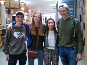 North Bay Regional Science Fair representatives pose for a photo at the Jack Garland Airport, Saturday, after returning from the Canada-wide Science Fair in Ottawa. From left, Matthew McParland, Hanna Schaefer, Stephanie Wu and Jacob Galema. Missing is David Moore. Dave Dale / The Nugget