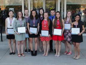 The 10 recipients of the 2011-2018 Limestone Student Achievers Awards pose for a group picture outside the board offices during a break at the May Limestone District School Board meeting in Kingston, Ont. on Wednesday, May 16, 2018.