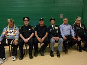 Photo by Patricia Drohan/For The Mid-North Monitor
Special guests to the EHS powwow on May 17, included, Glen Hare, Deputy Grand Council Chief (Union of Ontario Indians); Todd Zimmerman, acting chief of police (Espanola Police Service);, Cst. Murray Still (CSO)- UCCMM Anishinaabe Police Service; Rene Espaniel, Sagamok Anishnawbek head veteran; Chief Shining Turtle, Franklin Paibomsai (Whitefish River First Nation); and Patrick Madahbee, Grand Council Chief (Union of Ontario Indians).