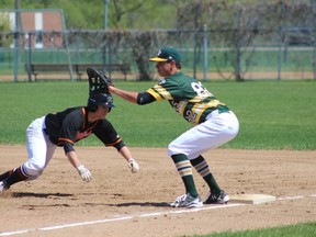 The runner made it back to first base on this play, but scoring runs was an issue for the Pembina Valley Orioles as they were swept in a doubleheader against the St. James A's on May 21 10-0 and 13-3. (GREG VANDERMEULEN/Morden Times)