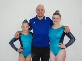 (Left to right) Avery McCoy, coach Josh Bredewout and Calle Inkster are headed to Waterloo, Ont. for the 2018 Canadian Championships – Artistic Gymnastics taking place May 22 to 27. Supplied Image/Norfort Gymnastics Association