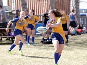 The Bev Facey Falcons senior girls rugby team, pictured warming up during the annual Lynn Davies high school rugby tournament, is 3-2 on the season, but still appears to be a contender to win a seventh straight league title. Shane Jones/News Staff