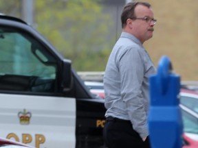 The sentencing hearing for John Paul Stone, seen here outside the Perth County Courthouse in Stratford, Ont., hit a snag Tuesday when a witness did not return for cross-examination. (Terry Bridge/Stratford Beacon Herald)