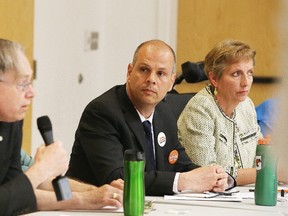 Sudbury Green Party candidate David Robinson answers a question as Sudbury NDP candidate Jamie West and Nickel Belt NDP candidate France Gelinas look on at the local chapter of CARP and Friendly to Seniors forum in the forthcoming provincial election at the Parkside Older Adult  YMCA Centre for Life in Sudbury, Ont. on Tuesday May 22, 2018. Gino Donato/Sudbury Star/Postmedia Network