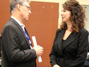 Max Liedke, vice president and chief financial officer of Sault Area Hospital, speaks with Jennifer Wallenius, Algoma hub officer for North East Local Health Integration Network, speak at SAH in Sault Ste. Marie, Ont., on Thursday, Nov. 17, 2016. (BRIAN KELLY/THE SAULT STAR/POSTMEDIA NETWORK)
