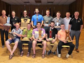 Pictured are the 2017-18 Exeter Hawks award winners. Back row from (l-r) are 2017-18 head coach Mark Van Dooren, goaltender Dane Gubbels, Hawks captain Austin Carter, Andrew Martin, Ian VandenHeuvel, goaltender Nathan Young, general manager Jeff Dalrymple and Hawks president Jeremy Geoffrey. Front row from (l-r) are Liam Melady, Jon Baker, Nick Overholt, Evan Hayter and Tyler Merner. Absent from the photo were: Christian Petrozza, Jonathon Frook and Max Bannon. (Handout/Exeter Lakeshore Times-Advance)