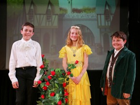 Submitted photo
Albert College’s production of Beauty and The Beast took to the stage Wednesday morning. Left to right are Gus Suddard as a prince, Ava Leblanc as Belinda and Andreas Newman as Belinda’s father, Henry Beaumont.