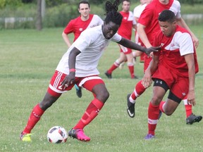 Stratford Bentley's City FC striker Ashley Adams, left, is one of several players returning to the team this season. Cory Smith/The Beacon Herald