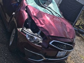 Janelle May took a picture of her 2017 Mitsubishi Mirage after colliding with a moose Sunday evening on Highway 17 west near Jocko Point. The 22-year-old sustained several injuries including facial lacerations. She spent three hours picking glass out of her face and feet.