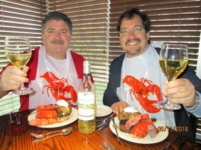 The Inn of the Good Shepherd's Myles Vanni samples some lobster, some Colio wine and some beef tenderloin with Holiday Inn general manager Geoff Eisenbraun.
Handout/Sarnia This Week