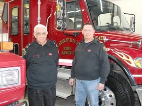 Scott Debienne, right, pictured with his father Dale in 2016 when both were members of the Carrot River Fire and Rescue Service. Scott was dismissed from his job as chief on Tuesday, May 22.