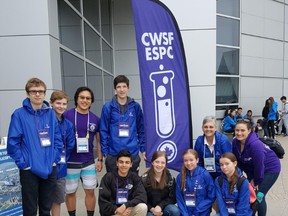 Team Bluewater took part in the Canada Wide Science Fair in Ottawa on May 12-18. The team includes, from left, standing, Griffon Thomas, Larsson Jarvis, chaperone Jason Kim, Connor Maxwell, chaperone Diane Wall and former CWSF competitor and gold medal winner Ambassador Laurissa Christie. Kneeling in front are Zachary Rodgers, former CWSF competitor and platinum medal winner Ambassador Katherine Teeter, Sophia Cottrill and Maisie Cottrill. (Supplied photo)