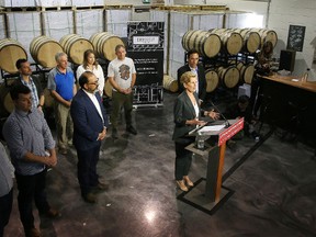 Ontario Premier Kathleen Wynne speaks at Crosscut Distillery during a campaign stop in Sudbury on Wednesday. Wynne was at Crosscut Distillery with Sudbury MPP Glenn Thibeault; Crosscut owner Shane Prodan; and Brian Johnson, the Liberal candidate for Timiskaming-Cochrane to highlight their plan to continue creating jobs across the north by expanding the Northern Ontario Heritage Fund Corporation. The Ontario Liberals  plan to increase NOHFC funding to $150 million per year by 2020-21. (Gino Donato/Sudbury Star)