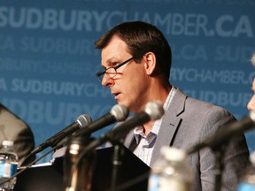 Sudbury PC candidate Troy Crowder makes a point at the Greater Sudbury Chamber of Commerce all-candidates event in Sudbury on Wednesday. Gino Donato/Sudbury Star/Postmedia Network