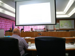 Clear Hills County council discussing the delegation from the Alberta Forest Products Association after their presentation: Councillors David Janzen, Amber Bean, Miron Croy, Reeve Jason Ruecker, Raymond Wetmore, Peter Frixel, and (back to camera) CAO Allan Rowe. Missing from photo councillor Dan Fletcher.