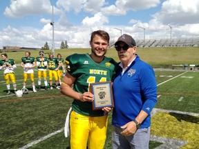 Bev Facey's Jake Withrow capped off his high school football career in fine fashion, winning the MVP award for Team North during Monday's Senior Bowl at Foote Field in Edmonton. Photo Supplied