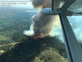 An aerial view of a wildfire 10 kilometres south of Janvier, located 120 kilometres south of Fort McMurray, released by Alberta Wildfire on Wednesday, May 23, 2018.