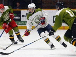 Defenceman Payton Vescio, centre, of North Bay, will be the veteran on the ice this weekend as the North Bay Battalion holds its spring camp for prospects Saturday and Sunday. Vescio signed with the Troops last fall after being selected in the 2017 OHL Priority Selection and got a few OHL games under his belt while honing his skills with the NOJHL affiliate Powassan Voodoos. Dave Dale, Nugget File Photo