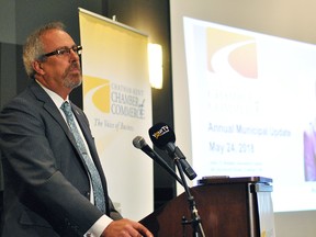 Chatham-Kent Mayor Randy Hope provides a municipal update to the Chatham-Kent Chamber of Commerce at the John D. Bradley Convention Centre Thursday. (Tom Morrison/Postmedia Network)