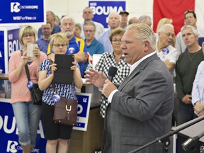 Ontario PC Leader Doug Ford speaks to supporters during a visit to Brantford-Brant riding candidate Will Bouma's campaign office on Thursday  in Brantford. (Brian Thompson/The Expositor)