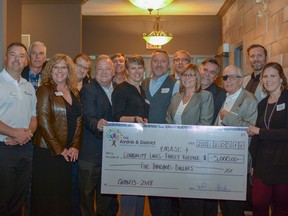 Members of the Airdrie and District Community Foundation pose with grant recipients from Community Links and PMAST at the annual gala on Thurs., May 17.